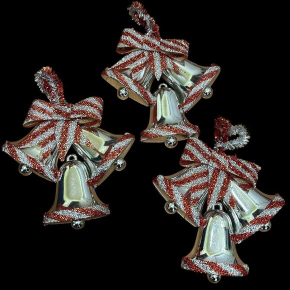 Vintage 1970s Silver Plastic Tinsel Bell Hanging Ornament Plaque Set of 3 - Picture 1 of 4